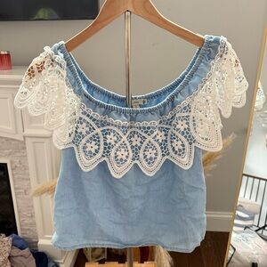 Blue Lace Trim Off-Shoulder Top
